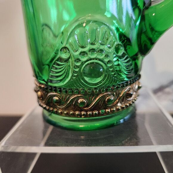 EAPG Antique Green Glass Mugs Colorado Lacy Medallion Gold Set 2 Souvenir MI OH - Picture 3 of 10